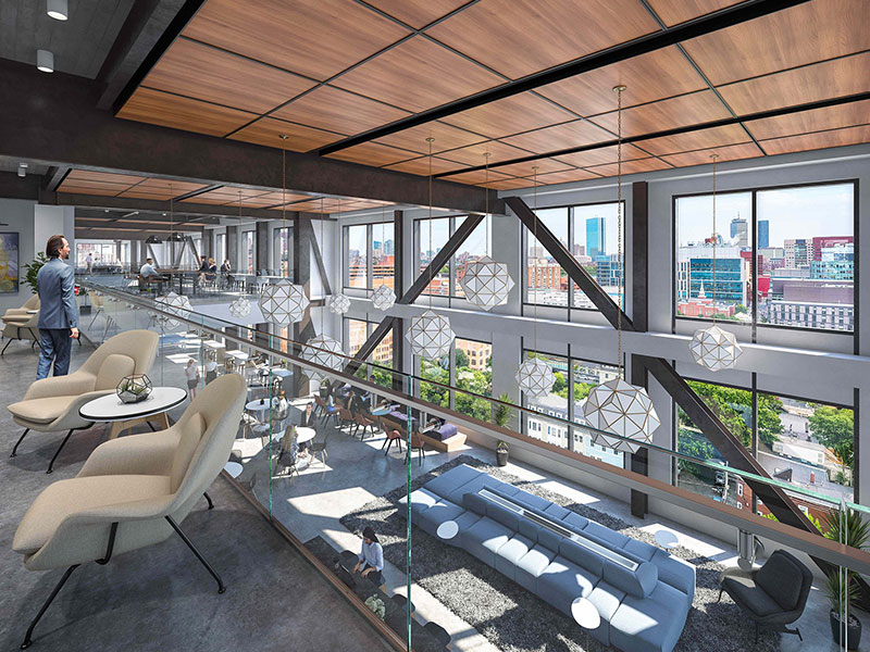 Sleek 11th-floor workspace with large windows, offering panoramic views of Cambridge at 40 Thorndike