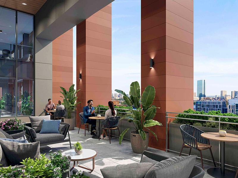 Relaxing private terrace on the 14th floor of 40 Thorndike, perfect for socializing or enjoying the view