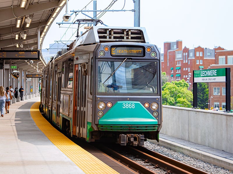 MBTA Green Line train arriving at Lechmere, providing public transit options near 40 Thorndike