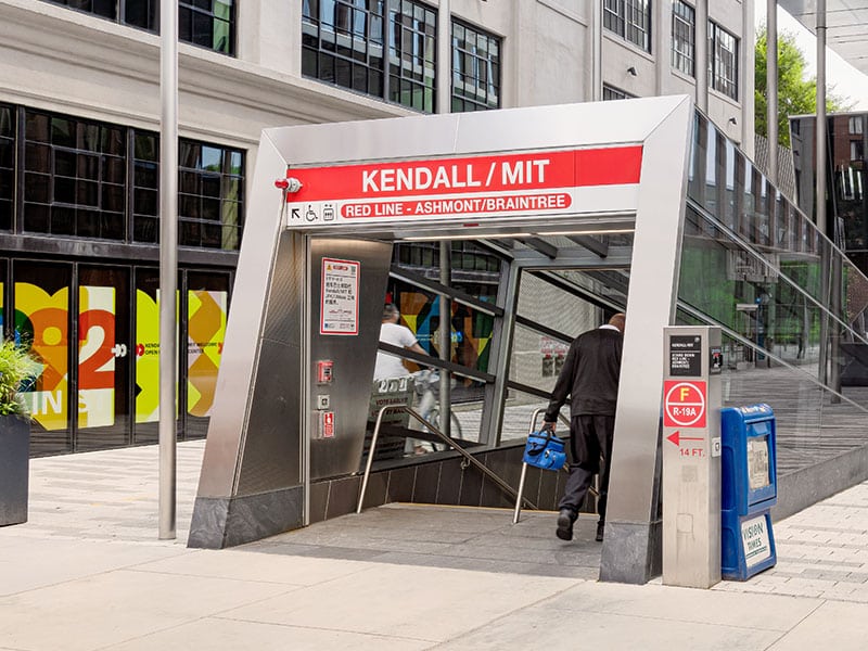 Kendall/MIT MBTA station entrance near 40 Thorndike, offering Red Line access for commuters