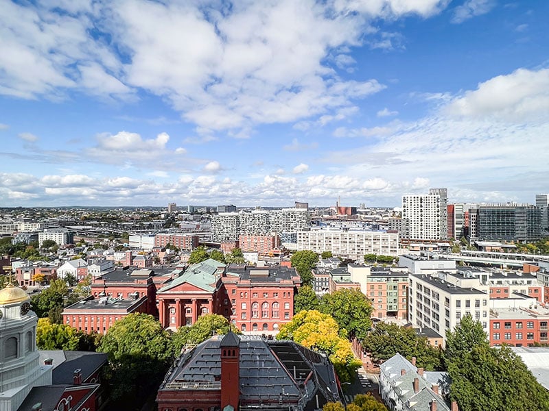 North-facing aerial view from 40 Thorndike, featuring historic landmarks and Cambridge’s modern skyline