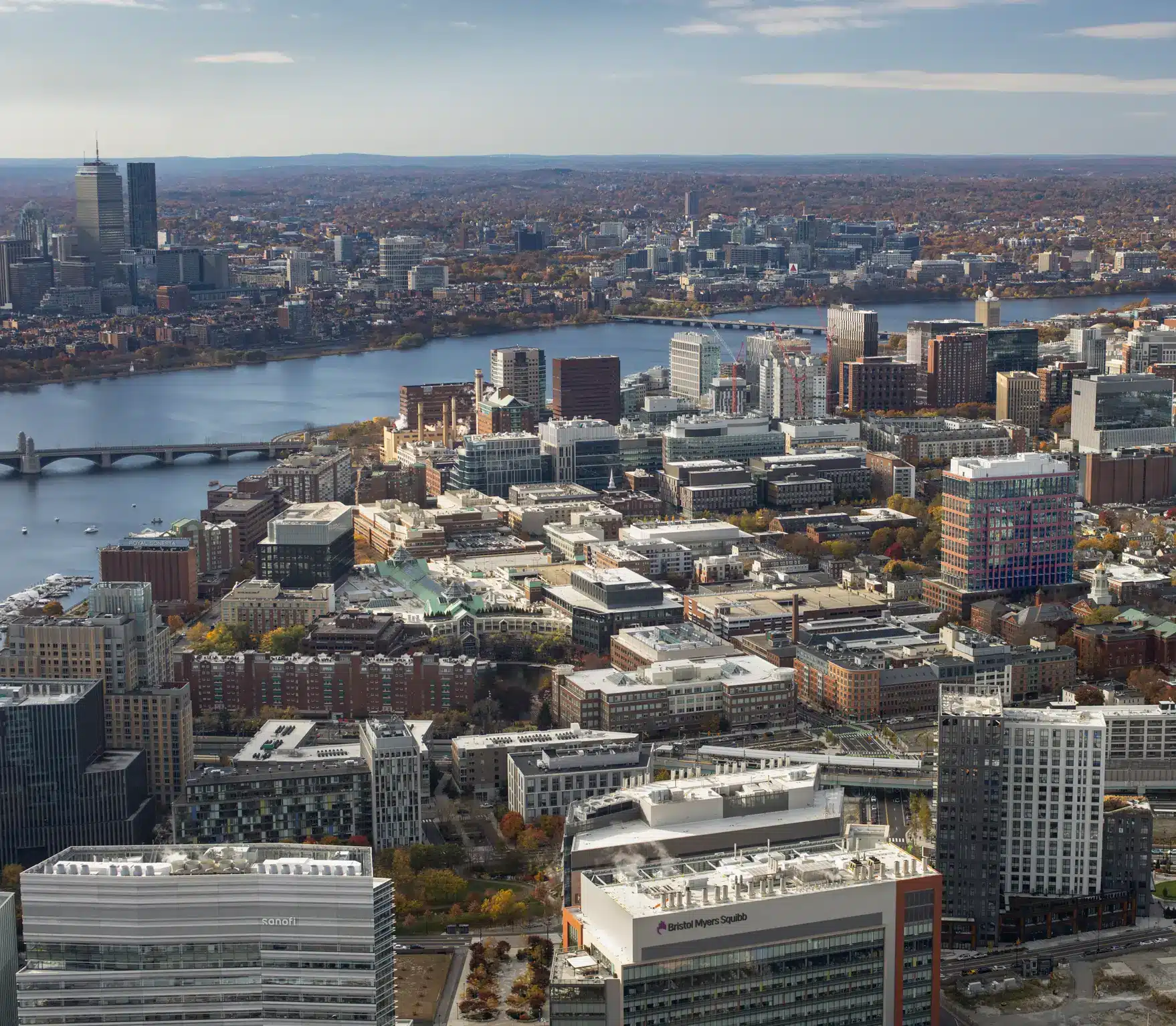 Aerial view of Cambridge, showcasing 40 Thorndike and its proximity to the Charles River